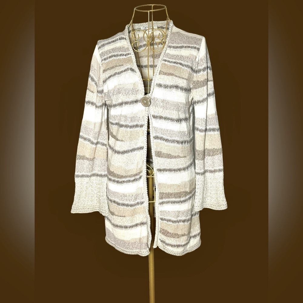 JM Collection Cotton One-Button Long Sleeved Cardigan in Neutral Earth Tones, S